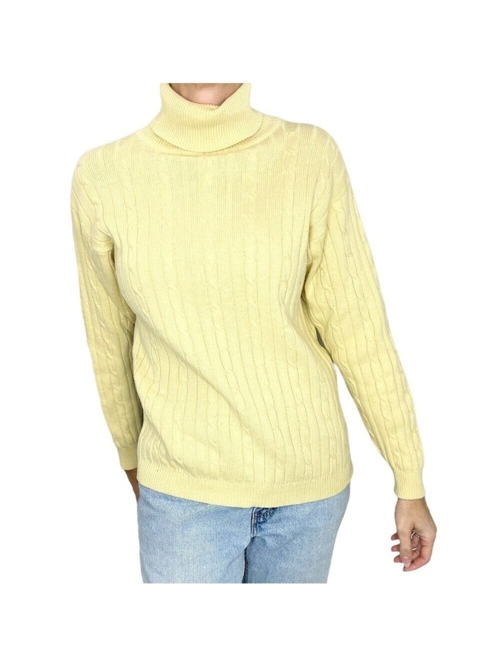 Vintage pure cotton butter yellow old money cable knit turtleneck sweater L